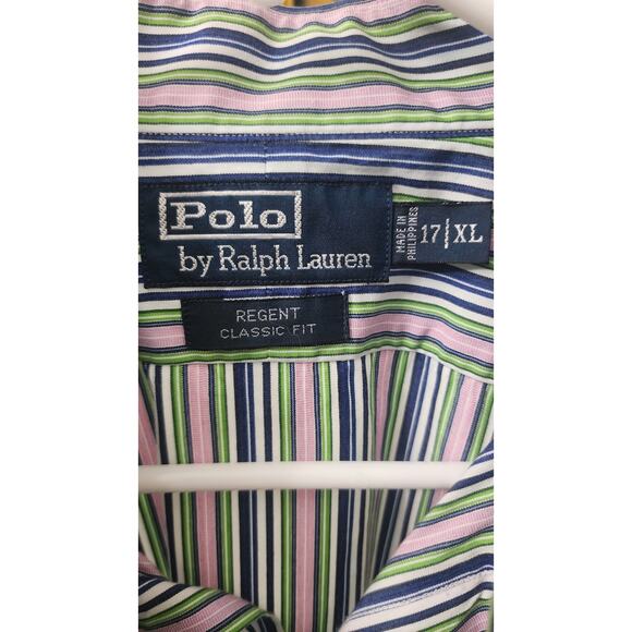 Polo XL Regent Classic Fit LS Blue, Pink, Green, White Striped Shirt 100% Cotton - Picture 2 of 5